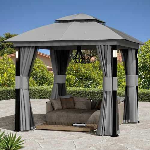 Modern Shade Gartenpavillon Doppeldach 2,4 x 2,4m mit LED-Beleuchtung & Bluetooth-Lautsprecher, Robuste Außenmarkise mit Metallrahmen, Pavillon mit Stoffdach, Netz und Vorhängen für Garten, Grau