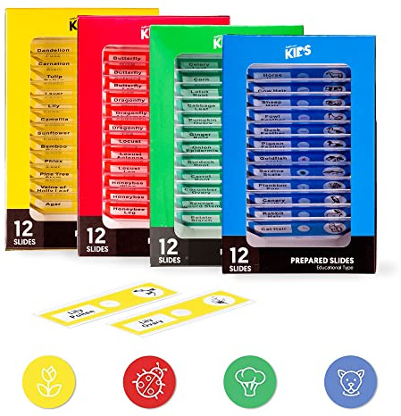 AMSCOPE-Kids 48pcs Kids Plastic Prepared Microscope Slides of Animals Insects Plants Flowers Sample Specimens for Stereo Microscopes
