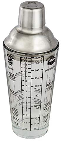 Xavax Cocktail-Shaker (Cocktail-Mixer aus Glas mit Edelstahl Aufsatz, Cocktailrezepten, Bar Set mit 400ml Füllmenge, Silikon-Ring, 4cl Messbecher-Deckel und Dosier-Sieb) transparent