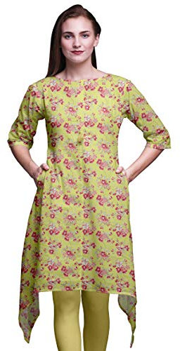 Bimba Yellow Leaves & Oleander Floral Printed Tops for Women Asymmetric Kurti Summer Dress for Girls Medium