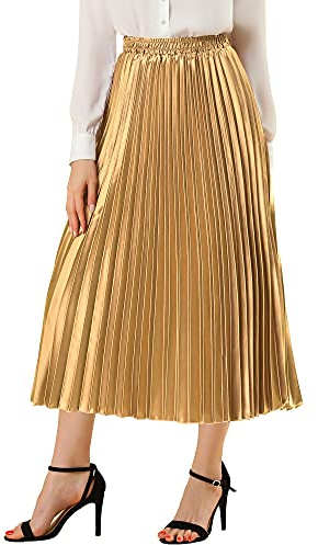 Allegra K Jupe mi-Longue plissée pour Femme, Brillante et métallisée, avec Taille élastique, idéale pour Les soirées, doré, Taille XS