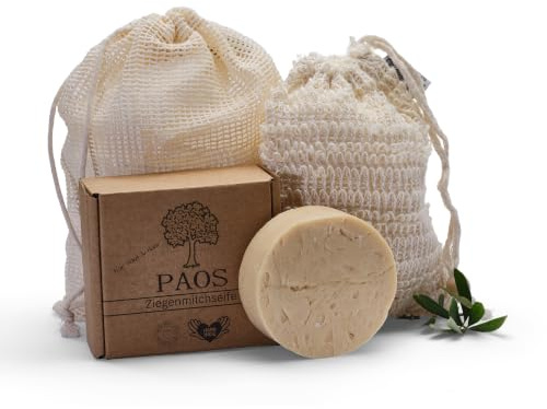 PAOS Ziegenmilchseife, Sisal Seifensäckchen + gratis Reisebeutel, Naturseife, Akneseife, Handgemacht, ca. 150g, Keine Chemikalien, empfohlen bei Akne, Pickel und Mitessern