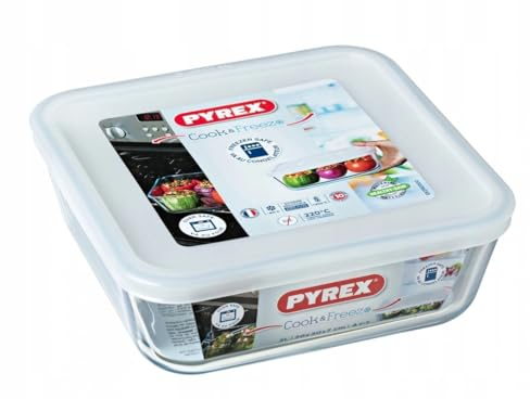 Pyrex Microwave Safe Classic Square Glass Dish with Plastic Lid 2.0 Litre White
