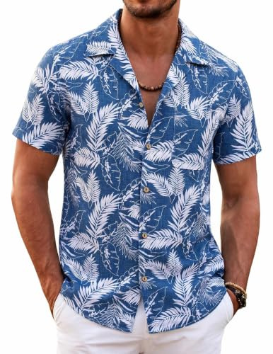 Coofandy Hawaiiskjorta för män, kortärmade skjortor med knappslå, vardagliga linneskjortor med tropiskt, somrigt blomstertryck, M