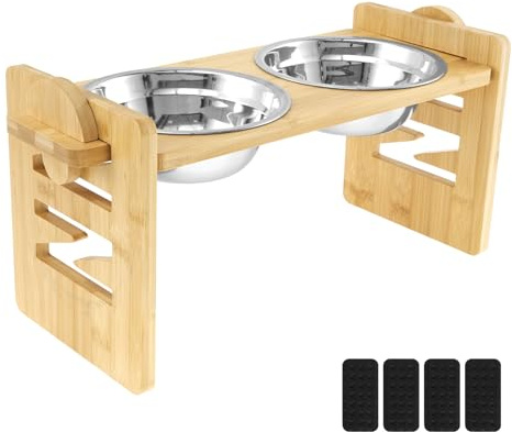 Gamelle surélevée pour chien - 42 x 17 x 20 cm - En bois - Avec 2 bols en acier inoxydable - Hauteur réglable - Double gamelle surélevée - Pour chiens de petite taille et chat
