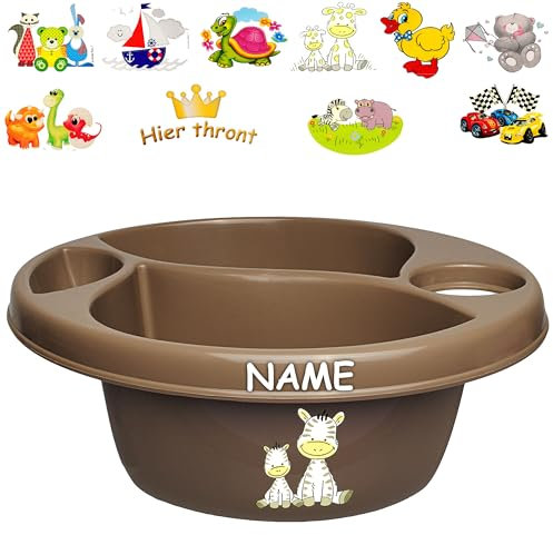 alles-meine.de GmbH 3 Kammer - Schüssel/Waschschüssel/Kinderwaschbecken - braun - Dunkelbraun Motiv-Mix - Jungen inkl. Name - Bieco - mit Seifenablage - Organizer - Reini..
