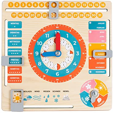FANCY Holzspielzeug Lernuhr Kinder Kalenderuhr für Kinder Holz - Deutsch Jahresuhr zum Lernen der Uhrzeit, dem Datum, der Wochentage, Monate, Jahreszeiten und des Wetters - Lerntafel ab 3 Jahre