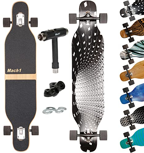 Mach1 Bambus Longboard mit Keramik Kugellager + T-Tool - Skateboard Drop Through Cruiser Komplettboard (Black Hole)
