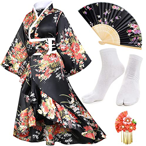 Kimono-Set für Damen, Geisha-Yukata mit Smoking-Rüschen, Satin-Bademantel und Nachtwäsche mit Blütenmuster, inklusive Fächer und Tabi-Socken