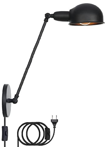 Schwarz Vintage Wandleuchte Mit Schalter, Verstellbare Wandlampe mit Stecker Schwenkbar Metall Lampenschirm Wand-Leselampe mit Kabel E27 Innen Industrialleuchte für Schlafzimmer Wohnzimmer Flur Büro
