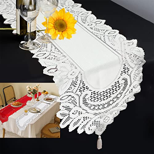FainFun Tischläufer Modern Weiß - Waschbar für Feierlichkeiten, Taufen, Party, Herbst Deko, Hochzeit Boho, 33x183CM