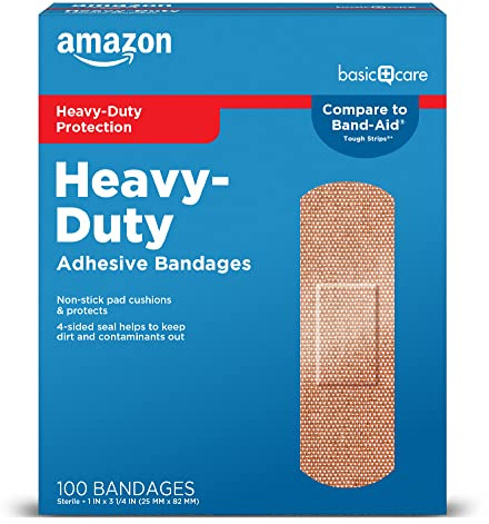 Amazon Basic Care Heavy-Duty Flexible Fabric Adhesive Bandages, First Aid and Wound Care Supplies for Minor Cuts, Scrapes, Blisters, One Size, 100 Count