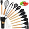 Onezebra Ustensiles de Cuisine, 22 Pcs Batterie de Cuisine antiadhésive Anti-Rayures,Antiadhésive Anti-Rayures et Résistante à Chaleur, avec Manche en Bois - 10 Crochets en S (Noir)