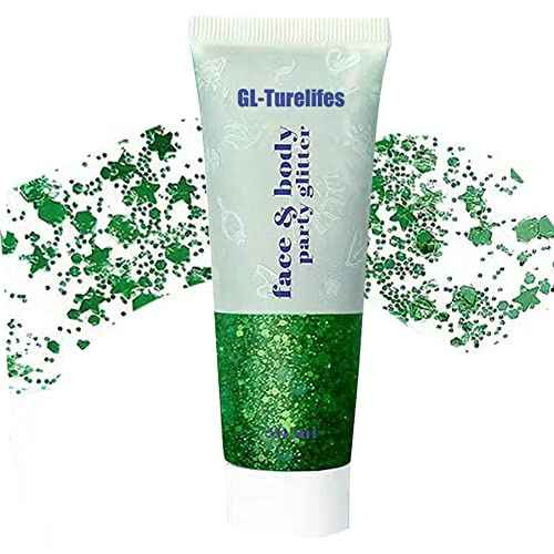 Body Glitter Gel, Mardi Gras Face Paint Make-up für Kinder Frauen, Mermaid Gesicht Glitter zum Laufen, funkelnde Chunky Squins for Haar Nail, Sänger Konzert Festival Rave Zubehör 50ml（#09 Grün）