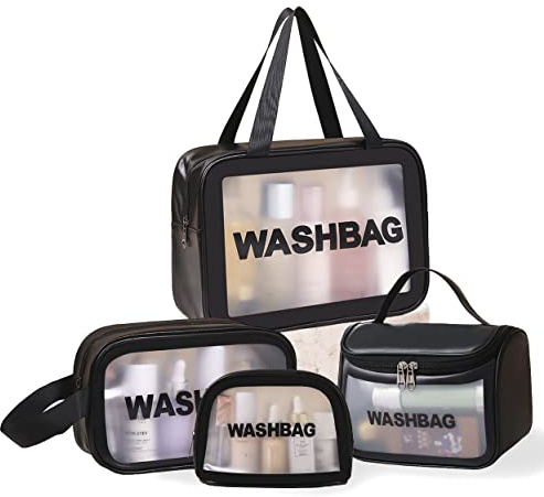 Clear Woodland 4 in 1 Waterproof Toiletry Bag - PVC Travel Wash Makeup Airport Liquid Bag for Men, Women (Black)