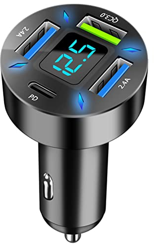 4-Port USB C Auto Ladegerät Zigarettenanzünder Adapter, 50W QC3.0,PD Schnellladegerät mit LED Voltmeter 12V USB Buchse kompatibel mit iPhone, Android, Samsung, Tablet und Allen Smartphones