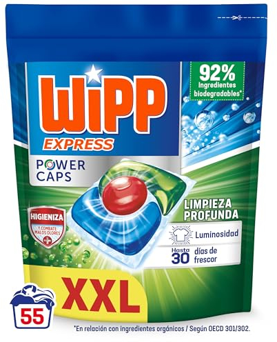 Wipp Express Power Caps Higiene y Antiolores Detergente en Cápsulas para Lavadora, 55 dosis, Limpieza Profunda, Eficaz en agua fría, versión antigua