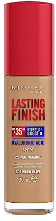 Rimmel London Lasting Finish bis zu 35h, 302 Warm Olive, Foundation, langanhaltend, feuchtigkeitsspendend, vegane Formel, volle Abdeckung, 30 ml