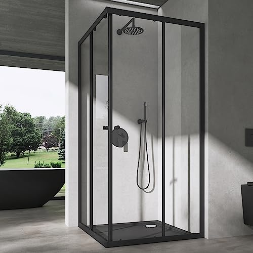 doporro Duschkabine 80x90x190cm Eckeinstieg Duschabtrennung glas Doppel Schiebetür ESG Glas Duschtür Ravenna 16K Plus schwarz