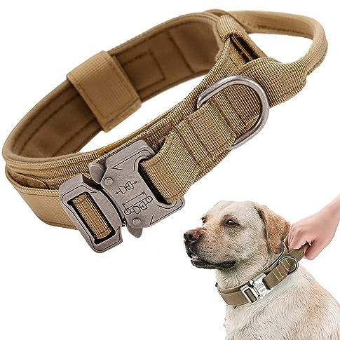 Wohlstand Taktisches Hundehalsband,Verstellbares Halsband Mit Kontrollgriff | Gepolstert Hund HalsbandBreit, Metallschnalle Nylon Hundehalsband für Mittlere Große Hunde Training Jagd (L, Khaki)