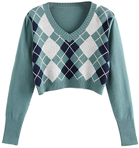 Damen Pullover Elegant Strickpullover Damen Oversize Pullover V Ausschnitt Argyle Langarm Kurzer Pullover Jumper Sweater Sweater Damen Vintage Pulli Y2k Old Money Aesthetic Damenpullover