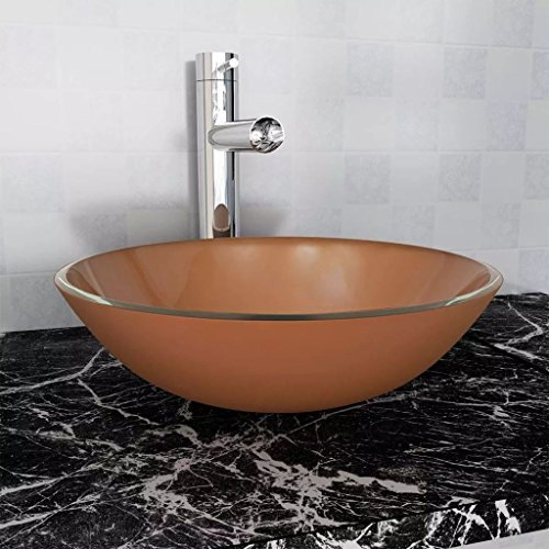 Homgoday Waschbecken Hartglas 42 cm braun Waschschale Waschtisch Waschplatz Handwaschbecken Aufsatzwaschbecken für Badezimmer und Gäste-WC