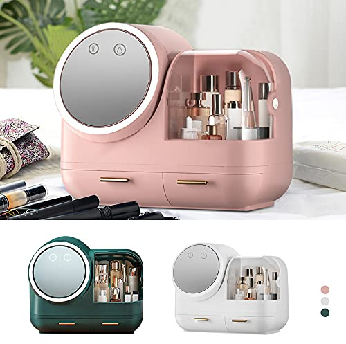 Make up Organizer, Organizer Schminke mit Staubdichte Abdeckung LED Licht HD-Spiegel Skincare Organizer für Wohnzimmer Bad Schlafzimmer Outdoor (Rosa)
