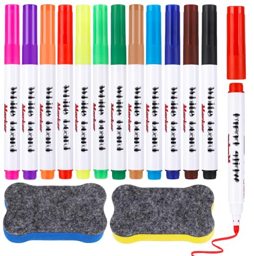 FRIUSATE 12 Pack Coloured Whiteboard Markers with 2 Pcs Magnetic Erasers, Durable Fine Tip Dry Erase Marker for Children Writing, Teacher Whiteboard Pens for Teaching Supplies