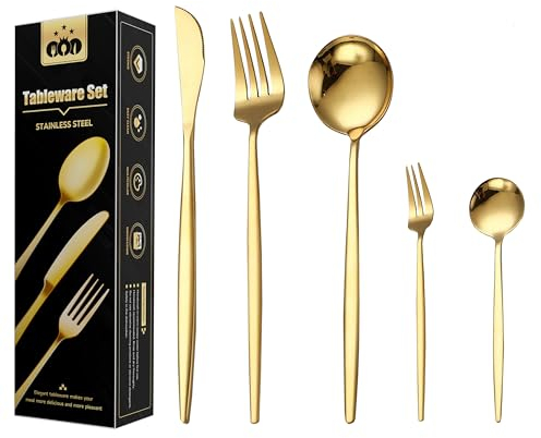Wivico Goldenes Besteck Set 6 Personen,30-Teilig Besteck Gold Bestecksets inkl. Messer,Gabel,Löffel,Cutlery Set,Geschirr Set Edelstahl Spiegelpoliert,Spülmaschinenfest