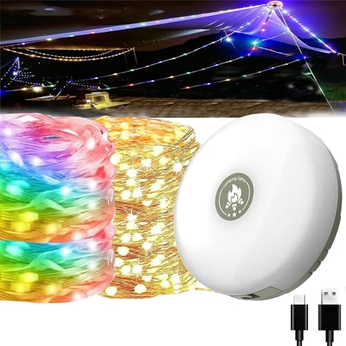 HOIDOKLY Guirlande lumineuse de camping multifonction avec guirlande lumineuse (10 m), rechargeable, étanche, lampe de camping (lumière colorée + lumière chaude)