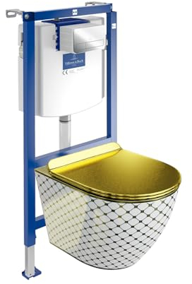 Lavita ViConnect H112 Vorwandelement Unterputz WC mit Bedienplatte + Wand Hänge Tiefspül WC Sofi Slim Checked Gold Spülrandlos + WC Sitz Komplettset Unterputz Spülkasten Toilette Komplett Sett WC