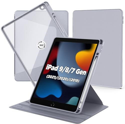 CACOE Hülle für iPad 9./ 8./ 7. Generation 10,2 Zoll mit Stifthalter | 360 Grad Drehbare Stoßfeste Schutzhülle mit Transparenter Rückschale, Dunstgrau