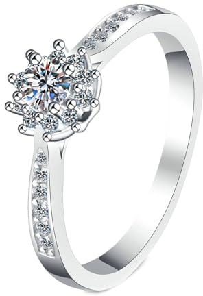 Gualiy Weißgold 750 Damen Ring, 18 Karat Trauringe Eheringe Blume Ring mit Labor Diamant 0.2ct Ringe Größe 62