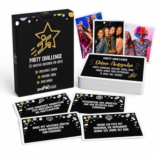Party Challenge by snaPmee - Spiel Geburtstag, Hochzeit, Konfirmation, Jugendweihe, Silvester - 50 Aufgaben in 8 Kategorien - Partyspiel für Gäste