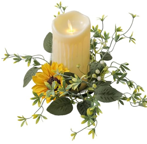 Kerzenringkranz, künstliche Kerzengirlande, Sommerblumenringe für Kerzen, 22,9 cm, künstlicher Blumen-Kerzenring, Sonnenblumen-Boho-, Säulenhalter, Blumendekor für Kerze für Hochzeit