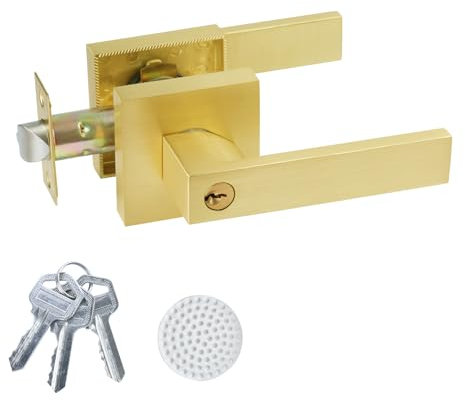 DSJJBLL Manija de puerta de entrada con llave igual, pomos reversibles con cerradura y mismas llaves, manija de puerta dorada en latón pulido para dormitorio, baño y puerta delantera