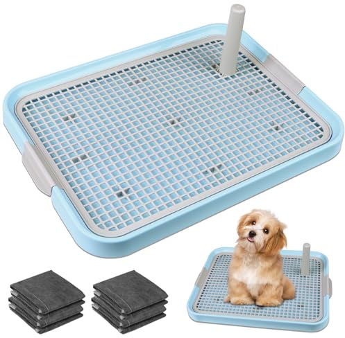 CUHIOY Dog Potty Tray Toilet 20x14 - Indoor Pee Pad Holder with 8pcs Training Pads, Puppy Mesh Potty with Secure Latch for Small Medium Puppies - Blue