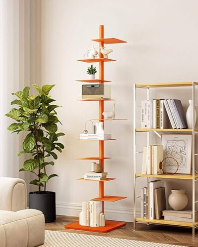 FJYAWEN 9-Stöckiges Bücherregal Mit Metallrücken, Standregale, DIY-Bücherturm Mit Metallrücken, Nordisches Vertikales Regal, Bodenstehendes Bücherregal, Mehrzweck-Aufbewahrungsregal,Orange