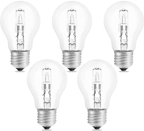SCNNC Bombilla Halógena E27 A55 Regulable, AC220-240V Blanco Cálido 2700K, Transparente Tradicional Bombilla Halogena E27 Clasica para Lámpara de Techo, Candelabro, Lámpara de Pared, Paquete de 5