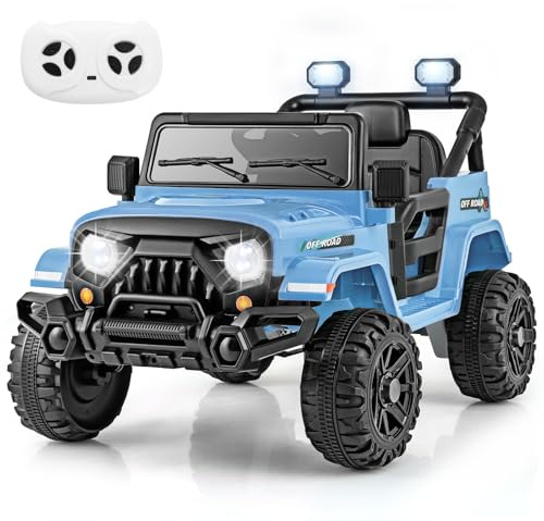 COSTWAY 12V Kids Ride on Car, 2 Motors Electric Off Road Truck with Remote Control, LED Lights, Music, Horn & Wireless Connection, Battery Powered Ride on Toy for Boys Girls (Blue)