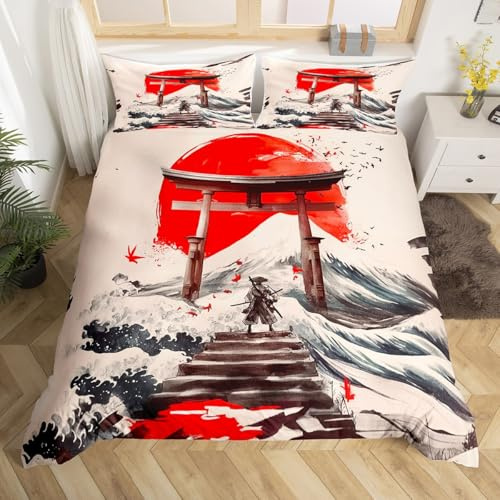 Homemissing Japonais Ukiyoe Housse de Couette 220x240cm Filles Adultes Style Japonais Parure de Lit Japon Samuraï Ensemble de Literie Coucher de Soleil Rouge Vagues de mer Housse de Couette