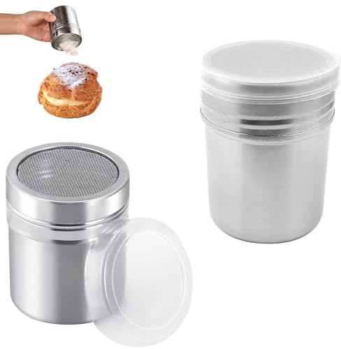 2PCS Flour Shaker & Icing Sugar Shaker – Premium Stainless Steel Fine Mesh Duster for Baking, Cooking, Cocoa, Cinnamon – Easy-Grip Sugar Sifter for Cakes, Coffee & Pastries