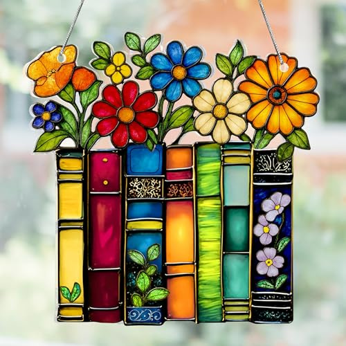 AstraGlam Book Ornament Stained Glass Window Hanging, Acrylic Bookish Gifts For Teacher, Librarian, Book Lovers, Reader, Shelf Decor Accessories For Women, Suncatcher Effect For Christmas