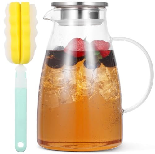 yeeplant Jarra de vidrio resistente al calor, jarra de borosilicato de 74 onzas con tapa de acero inoxidable y cepillo de limpieza, ideal para bebidas frías y calientes