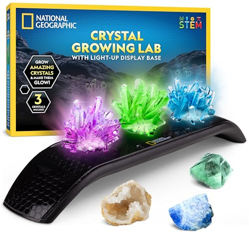 NATIONAL Geographic Kristallzucht-Set – Züchte 3 farbenfrohe Kristalle mit beleuchtetem Ständer & Handbuch, inkl. Geode, grünem Fluorit & echtem Edelstein