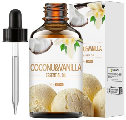 Kokosnussöl, Naturrein Kokosnuss Aroma Öl, Kokosnuss Vanille ätherisches Öl, mit Vanille Extrakt, für Diffusor, Entspannen, Massage, Bad, für Haut, Haarpflege und Körper (1 pcs)
