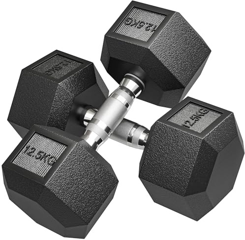 HOMCOM Juego de Mancuernas Hexagonales, 2 x 12,5 kg, de Hierro Fundido, Recubiertas de Goma, Juego de Pesas con Barras de Conexión para Entrenamiento en Casa, Gimnasio y Oficina, Negro y Plata