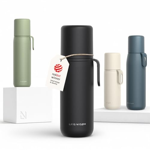 LARS NYSØM Bottiglia Termica in Acciaio Inox - Borraccia Isolata a Doppia Parete con Tazza & Tracolla, Bottiglia Ermetica per Viaggio, Ufficio & Attività all'Aperto (Carbon Black, 500ml)