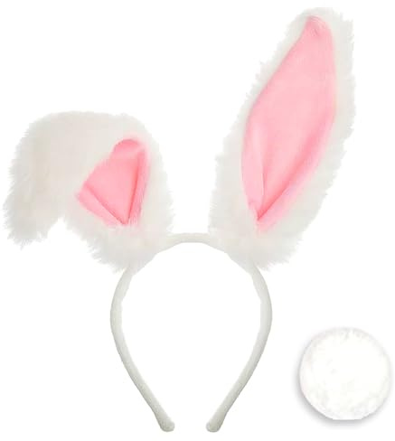 XDGBGFN Hasenohren Haarreif und Schwanz Set Weiß Rosa Plüsch Hasenohren-Set für Erwachsene Halloween Karneval Cosplay