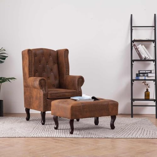 Emmtore Sillón Chesterfield y reposapiés Cuero Ante Artificial marrón